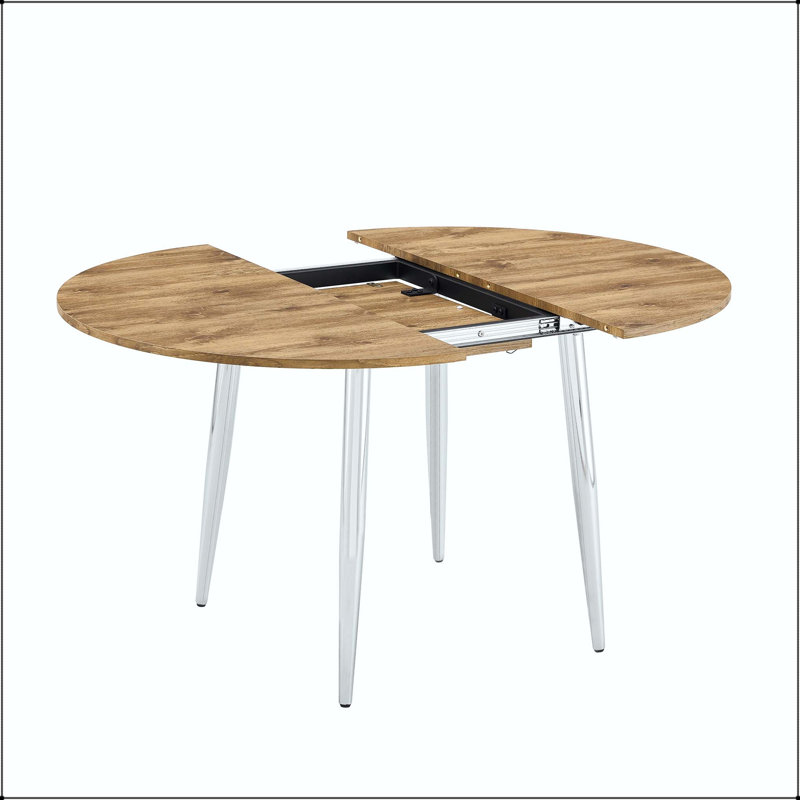 Table de salle à manger extensible ronde avec panneau de fibres à densité moyenne à grain de bois et pieds argentés