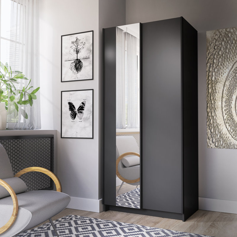 Shonette 2 Door Laminate Wardrobe, Black, 182cm H x 80cm W x 55cm D