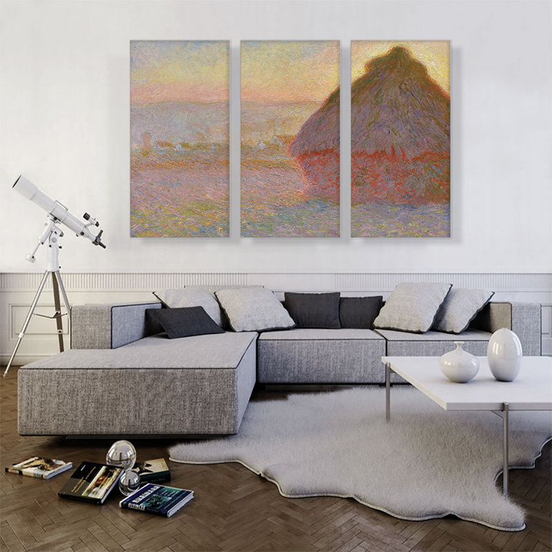 «Grainstack Sunset» par Claude Monet, ensemble de 3 reproductions d'art sur toiles tendues, H 40 po x l 60 po x 1,5 po
