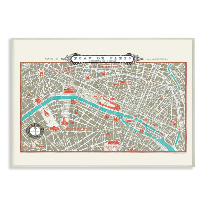 Carte de Paris rétro de la ville française par Sue Schlabach, reproduction d'art graphique, H 13 po x l 19 po x P 0,5 po