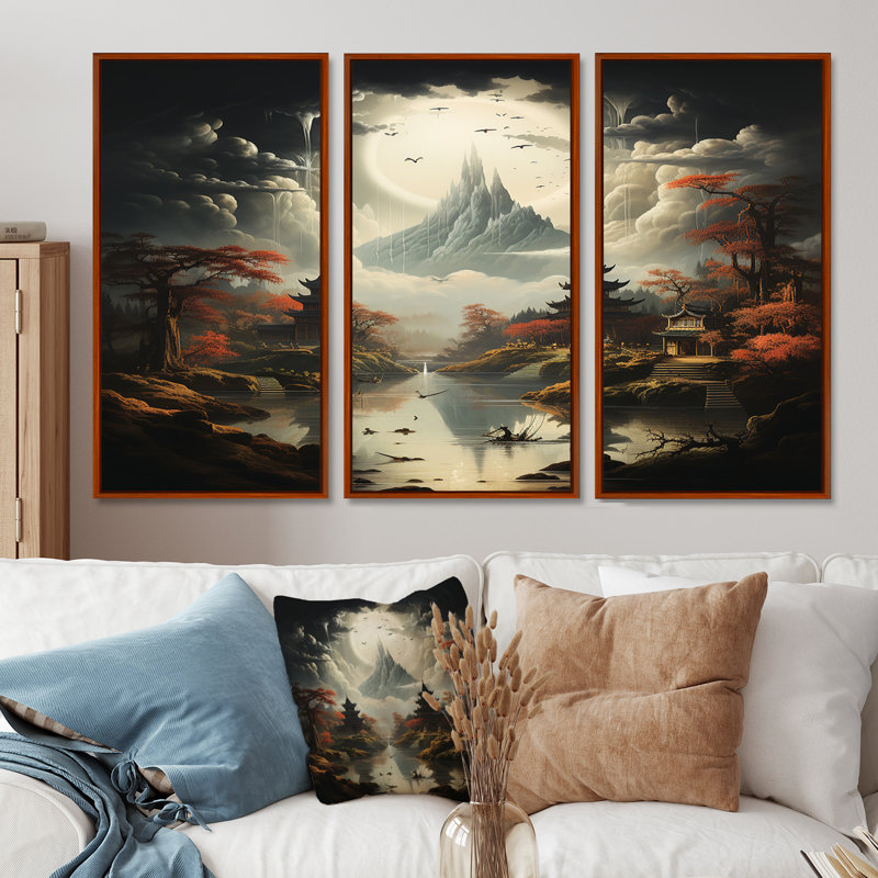 Pagodes In Silver Full Moon Mountain Landscape - Religious Landscape Wall Art Decor Set, 28" H x 36" W x 1" D