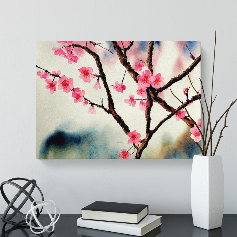 Cherry Blossom Watercolour Flowers - Wrapped Canvas Print, 50cm H x 76cm W x 3cm D