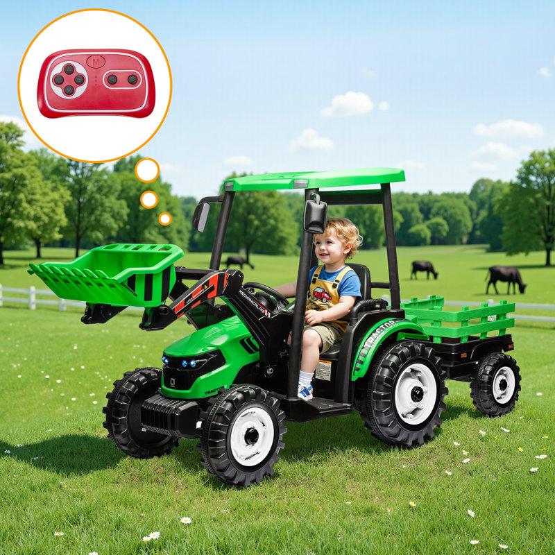 AMERLIFE 24V Ride on Tractor for Kids with Trailer & Front Loader, 3-in-1 Electric Construction Vehicle, Dual Motors, All-Terrain Wheels, MP3/USB/Bluetooth, LED Lights, Outdoor Gift for Ages 3-8 (Green)