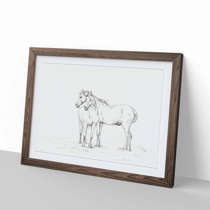 Sketch of Two Horses by Jean Bernard - Picture Frame Drawing Print on MDF, Walnut Framed, 27cm H x 36cm W x 2cm D