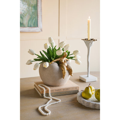 Boîte à fleurs ronde 9,3 x 8,8 x 8,8 po avec figurine dorée abstraite