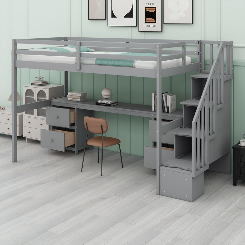 Structure de lit mezzanine avec bureau intégré et tiroirs de rangement doubles, Gris
