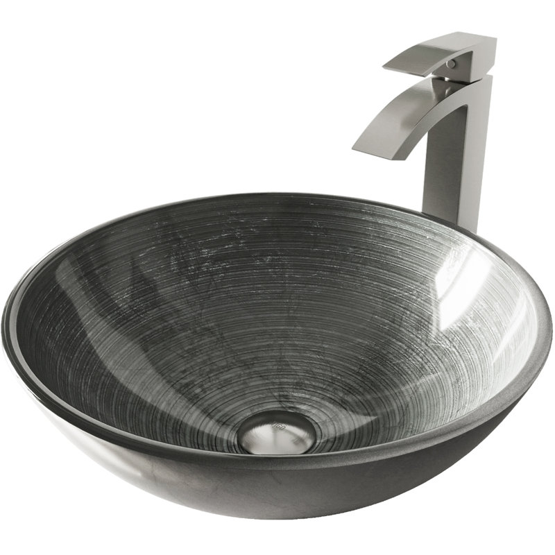 Giovanni Giovanni Round Glass Vessel Bathroom Sink with Faucet, Simply Silver, Brushed Nickel