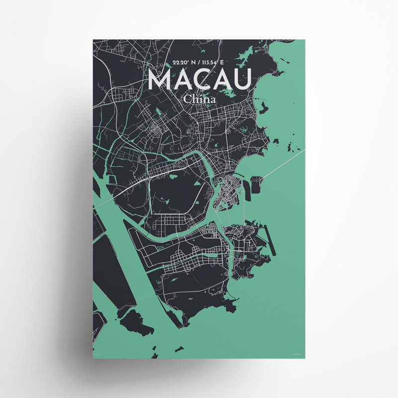 Macau, carte de la ville, impression, Vert/gris, H 36 po x l 24 po