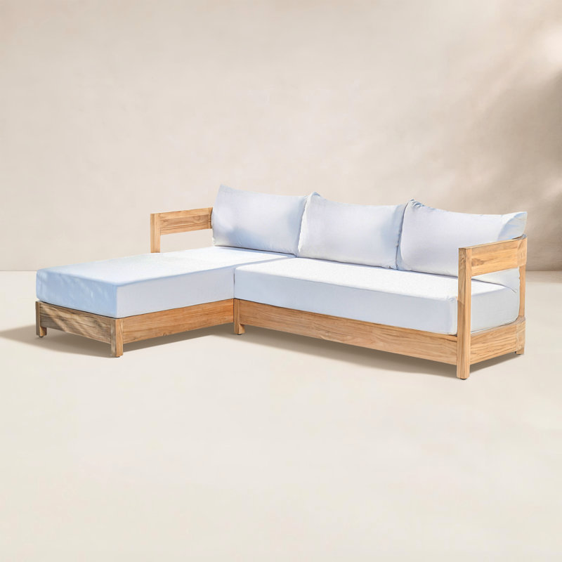 Canapé modulaire extérieur Everlee 2 pièces, toile Sunbrella blanc et teck naturel FSC