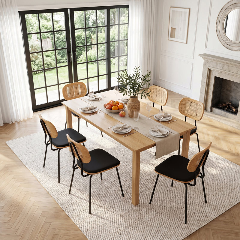 Modern Rattan Dining Chairs Upholstered Faux Leather Dining Room Chairs with Rattan Backrests and Metal Legs Armless Kitchen Chairs for Dining Room