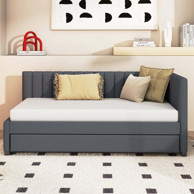 Lit de jour rembourré avec couchette simple pour canapé-lit, pas de sommier tapissier, tissu en lin, Gray, Lit simple