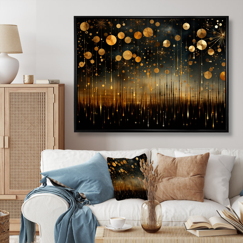 Or et noir, feux d'artifice élégants - Art mural, Cadre doré à coins fermés, H 34 po x l 44 po x P 1,5 po