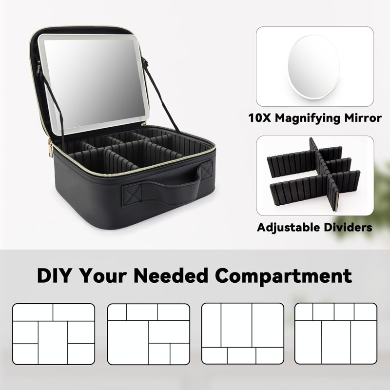Trousse de maquillage de voyage avec miroir DEL et loupe 10x avec 3 réglages lumineux