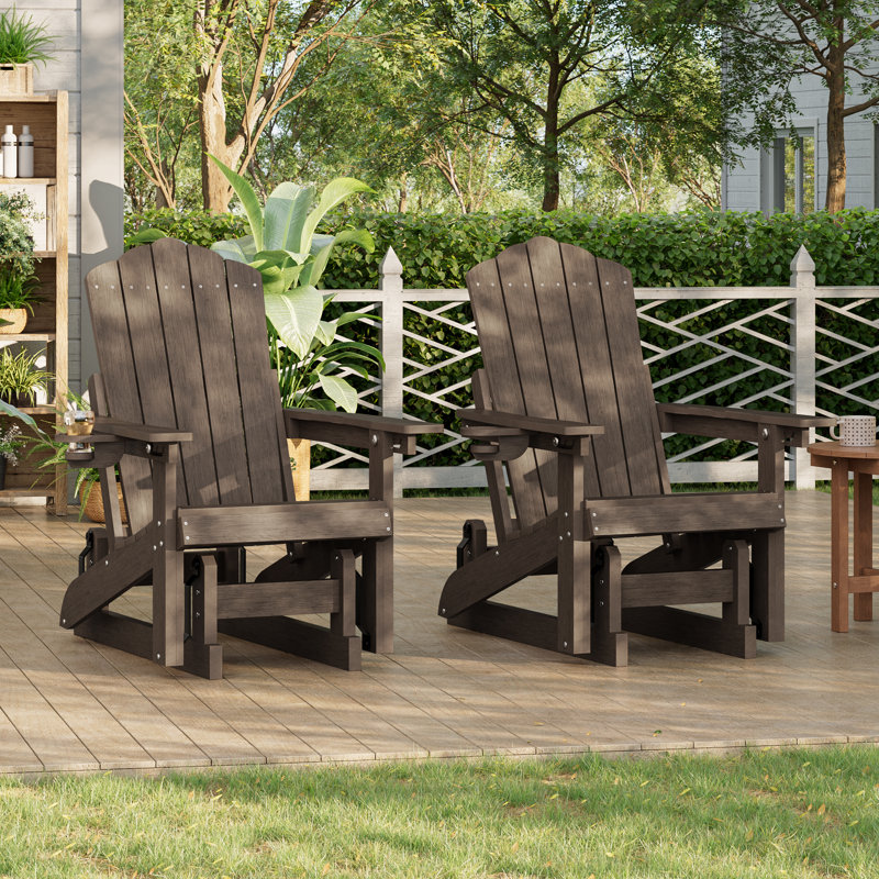 HDPE Glider Adirondack Chair 3-Position Adjustable, All-Weather Glider Rocking Outdoor Chair for Garden, Lawn & Porch, Coffe