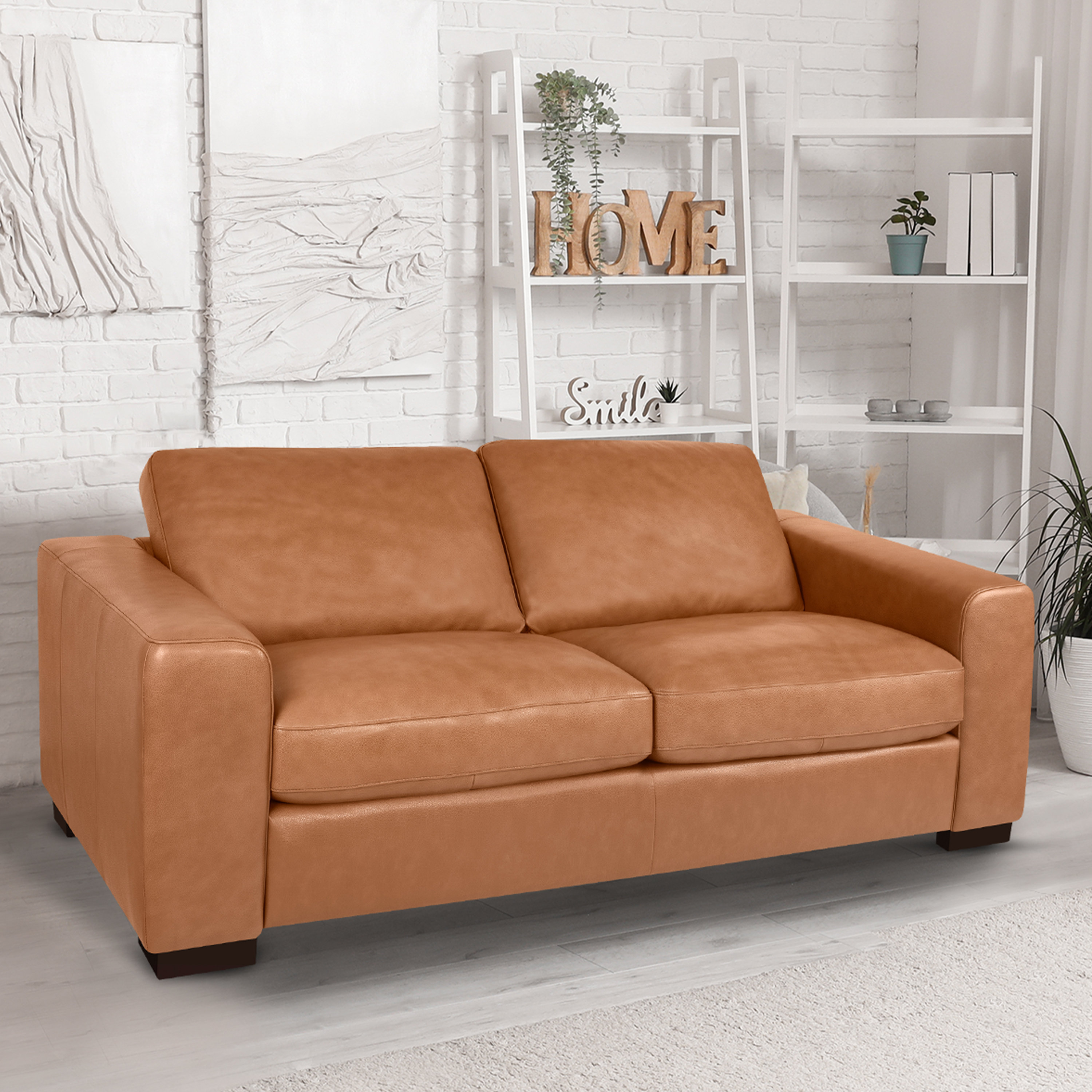 Ebern Designs Oversized Genuine Leather Modern Loveseat Sofa Mid