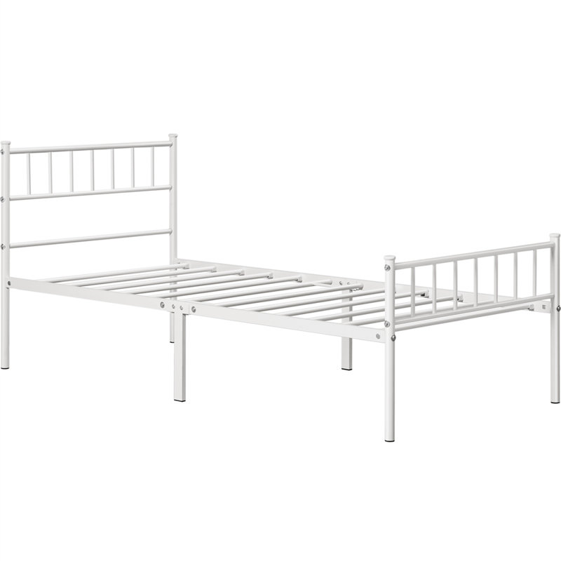 Minimalist Metal Bed Frame with Slatted Headboard, Single (3'), White