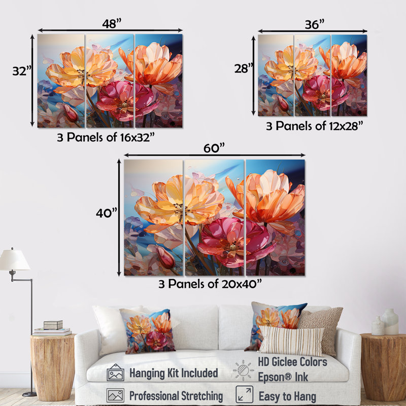 Verre, tulipes liquides, art sur toile, H 40 po x l 60 po x P 1 po