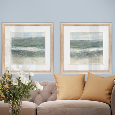 Bord de mer déferlant - Ensemble de 2 tableaux encadrés sous verre acrylique, style côtier, pour salon