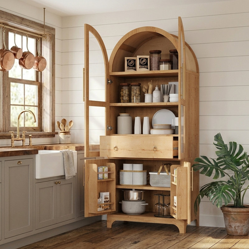 Grand garde-manger arqué 71 po avec 4 tablettes intérieures et 4 tiroirs cachés, Naturel