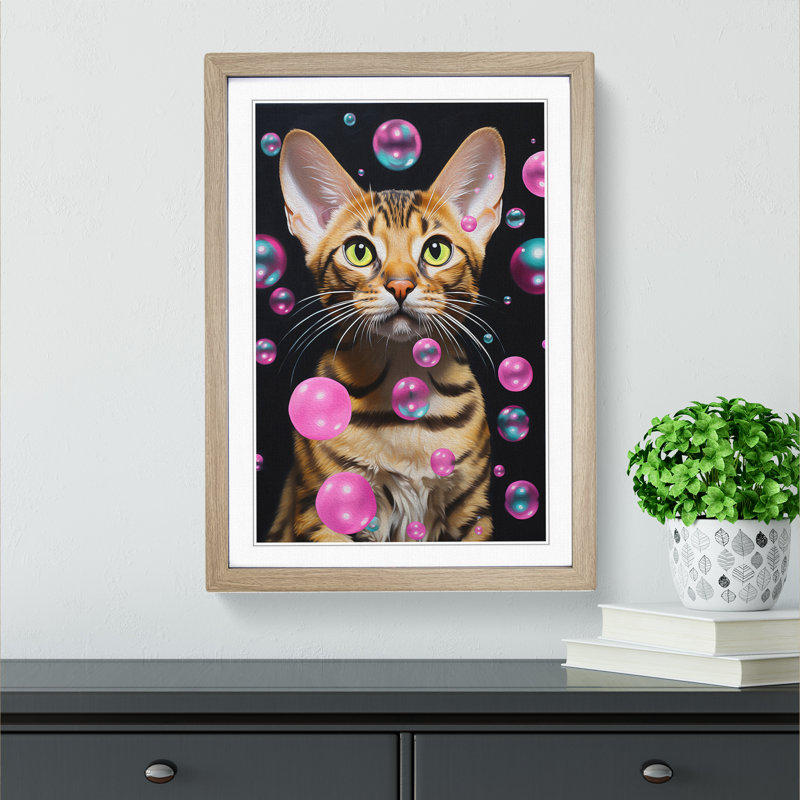 Bengal Cat Bubble Gum - Single Picture Frame Print on Wood, 64cm H x 46cm W x 2cm D, Oak