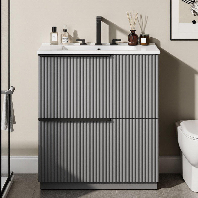 Meuble-lavabo de salle de bain cannelé contemporain 30 po avec lavabo en céramique, tiroirs à fermeture en douceur et rangement intelligent