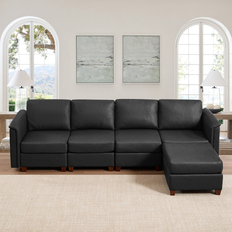 5-Piece Modern Upholstered Sectional Sofa, Gray Faux Leather, Brown Wood