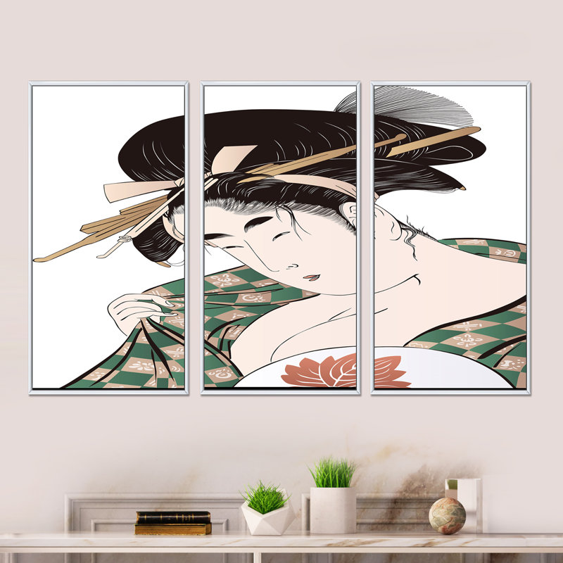 «Ukiyo-E» japonaise, ensemble d'art mural sur toile encadré moderne de style Mid-Century, H 28 po x l 36 po x P 1 po