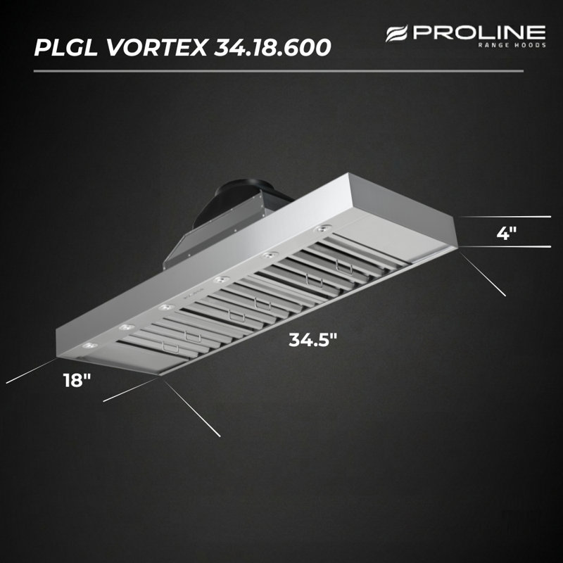 Hotte encastrée Vortex PROLINE de 34 pouces (pour hottes de cuisine 36 pouces), 600 pi³ / min, ventilateur simple, installation facile, éclairage à DEL scellé, hottes de cuisine, PLGL VORTEX 34.18.600