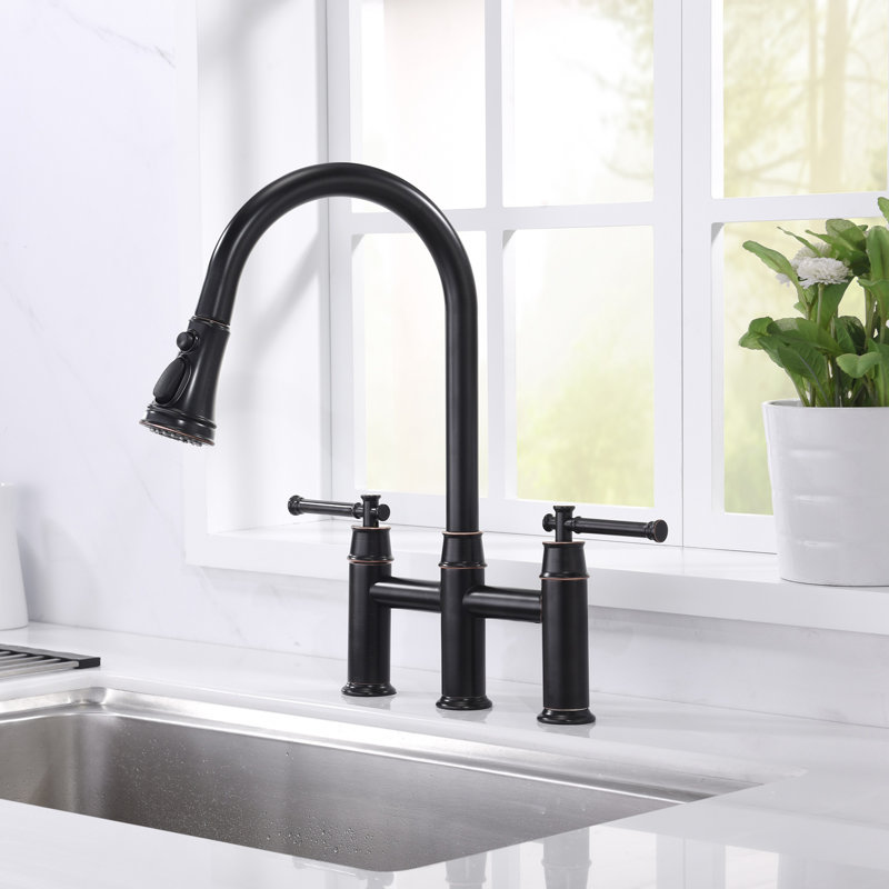 Pull Down Bridge Kitchen Sink Faucet, Two Handle Kitchen Faucet, Oil Rubbed Bronze