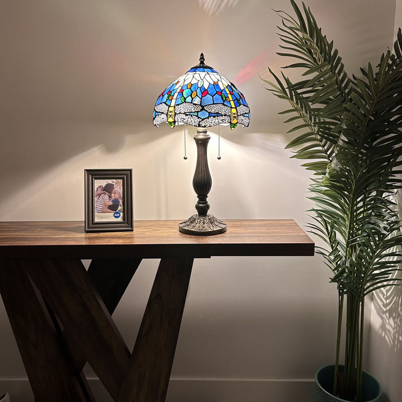 Berney Tiffany Table Lamp Dragonfly Stained Glass LED Bulbs Included H22" W12", White/Yellow