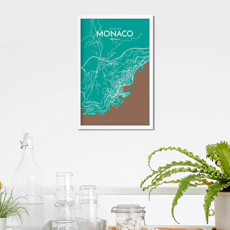 Monaco City Map, impression, H 17 po x l 11 po, Vert / brun