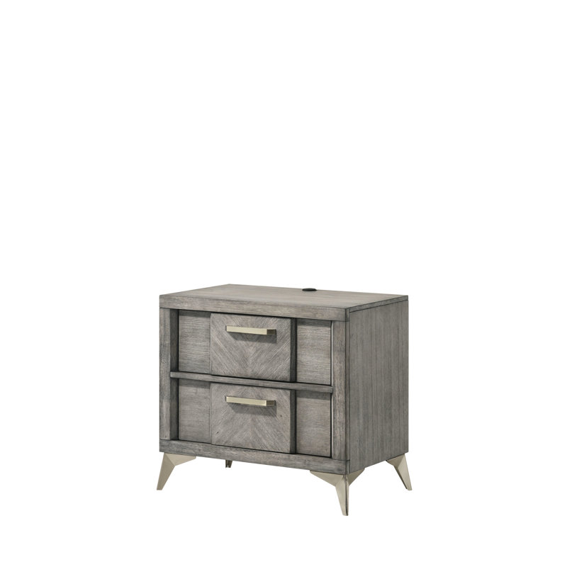 Table de chevet en placage gris avec 2 tiroirs et tiroir de rangement à finition antique avec pieds