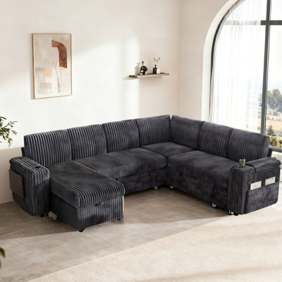 110" Modular Sectional Pull-Out Sofa With Side Table, Cupholders, Charging Ports