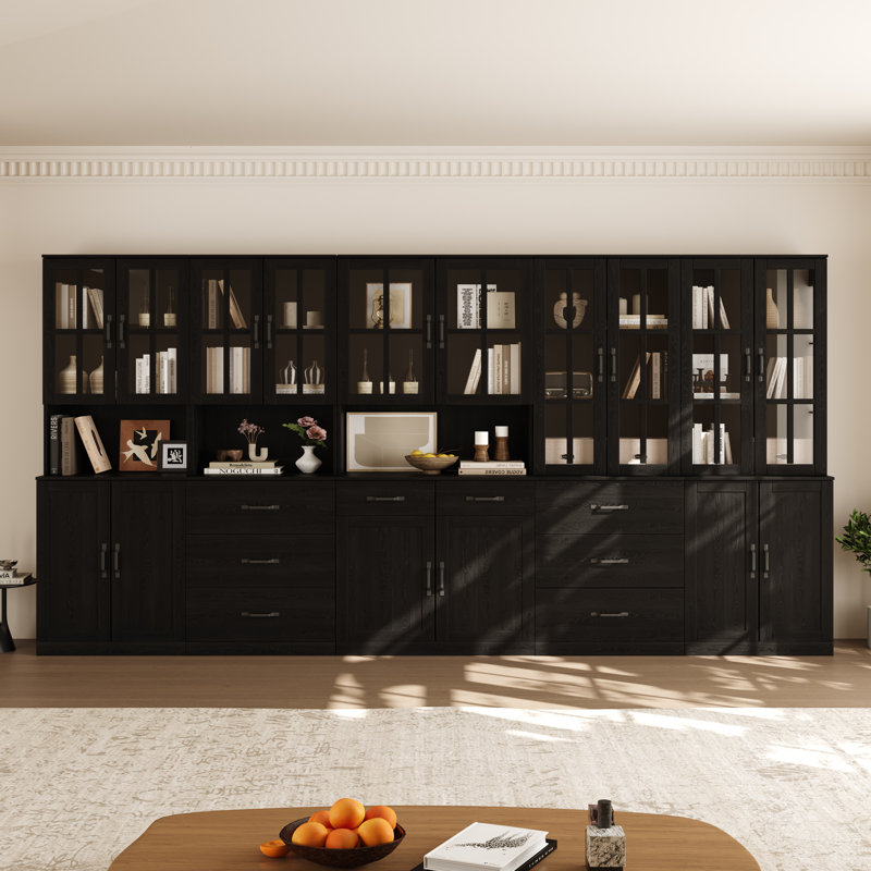 126" Wide Bookcase Wall Unit with Glass Doors, Drawers, Open Shelves, and Storage Cabinets, Black
