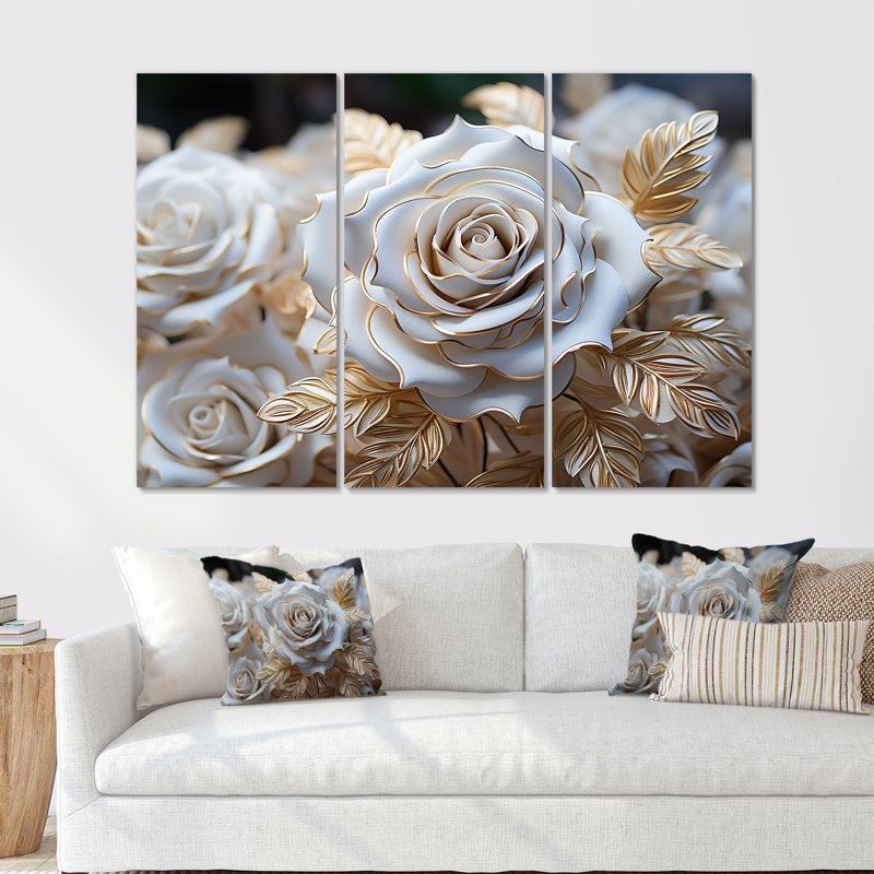 Ensemble de salon art mural blanc et or rose passion - roses, H 28 po x l 36 po x P 1 po, Toile tendue