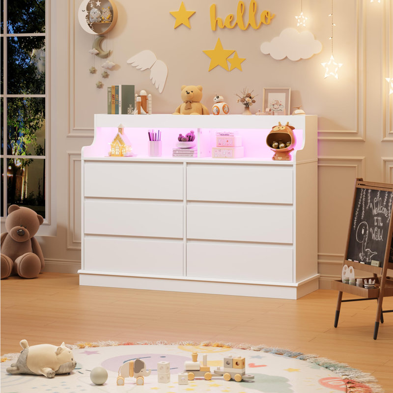 6 Drawer Dresser with RGB LED Lights & Charging Station, Wide Storage Chest with Open Shelf for Bedroom Living Room, White