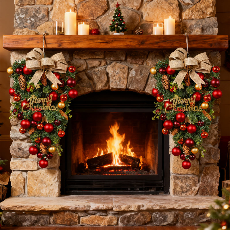 Ornement de Noël 18 pouces avec boules scintillantes et pommes de pin, paquet de 2 décorations pour arbre de Noël, porte, manteau de cheminée, décorations de couronne