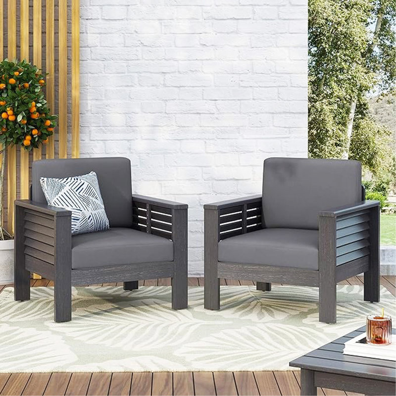 ( Set Of 2) Outdoor Acacia Wood Club Chairs With Cushions, Dark Gray, 27.75"D X 32"W X 27.75"H