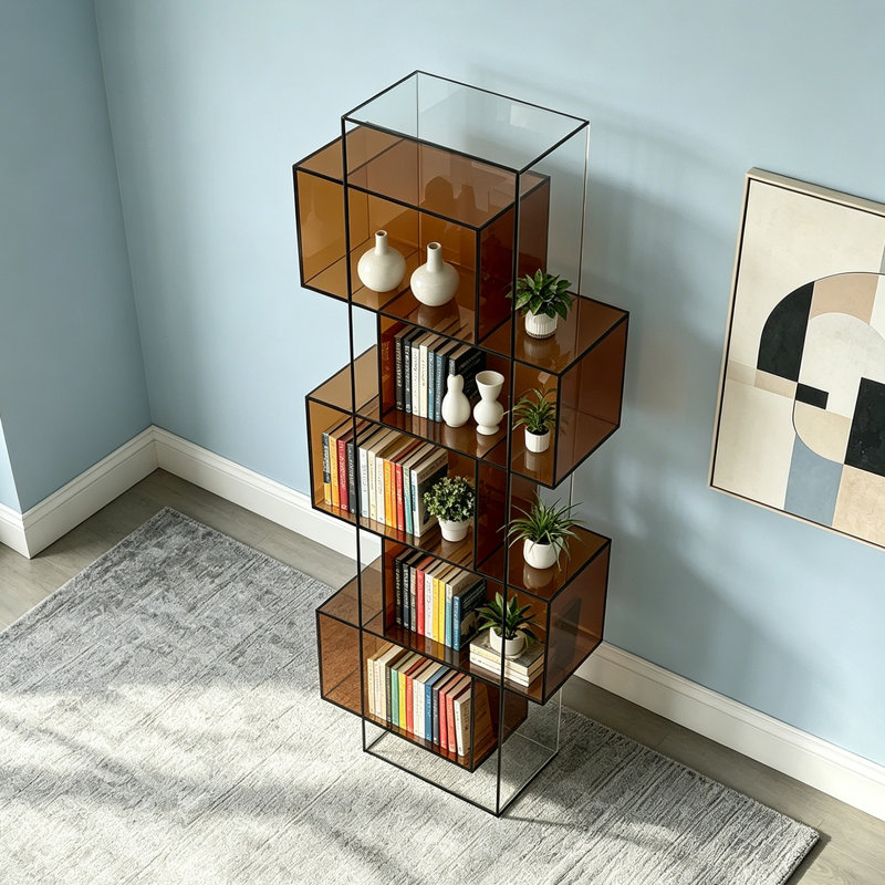 Bibliothèque géométrique en acrylique, (5 Shelves) 70.87" H x 23.62" W x 11.81" D, Tan