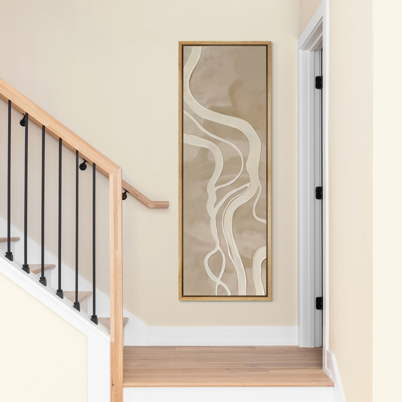 Flowing Harmony II – Organic Beige Abstract Fluid Line Design - Large Framed Canvas Master Bedroom Wall Art Print, Natural