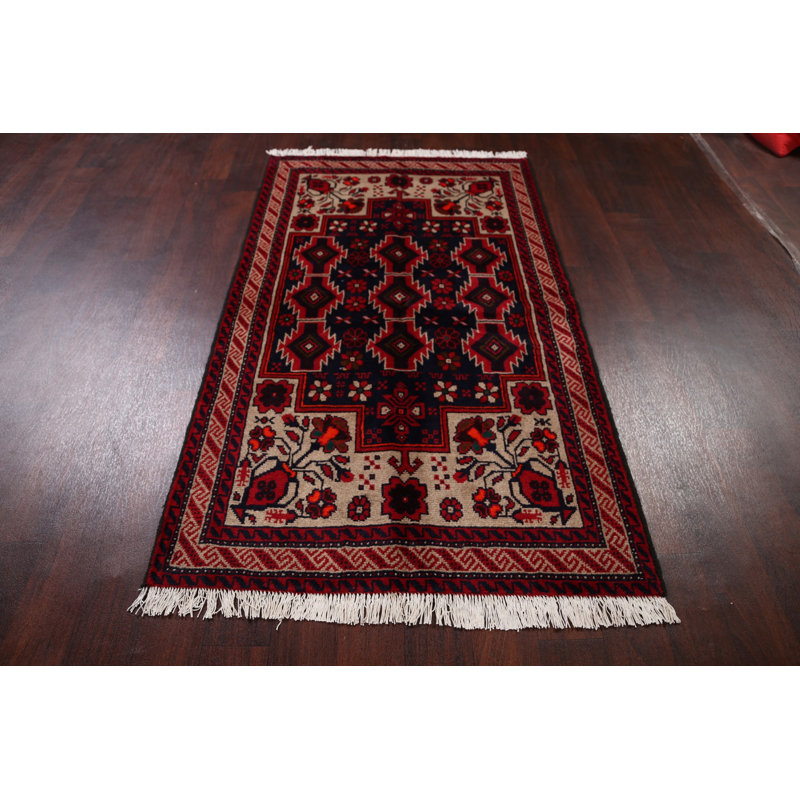 Tapis de zone en laine rouge/bleu marine 3 pi 5 po x 5 pi 11 po one-of-kind à la main-noué la new age balouch Antietam