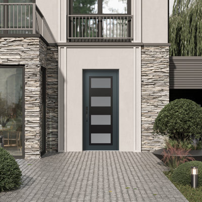 C2 Panel Black Steel Anthracite/Anthracite Prehung Front Entry Door