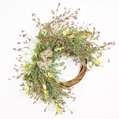 Couronne de porte de 26 po à motif de fleurs sauvages artificielles printemps et été