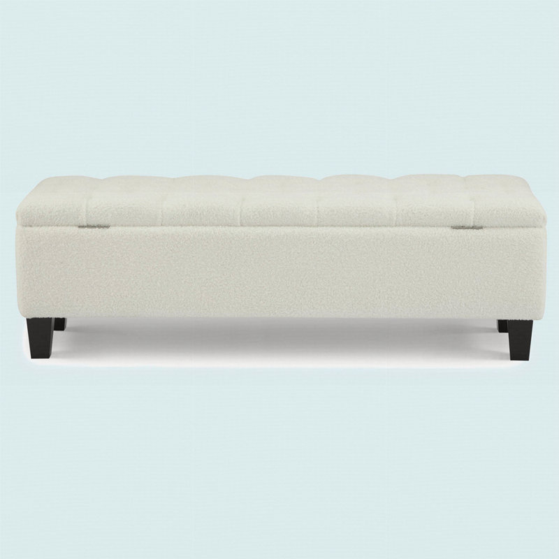 Banc repose-pieds avec rangement, surface bouclée, pieds en bois d'hévéa, Beige