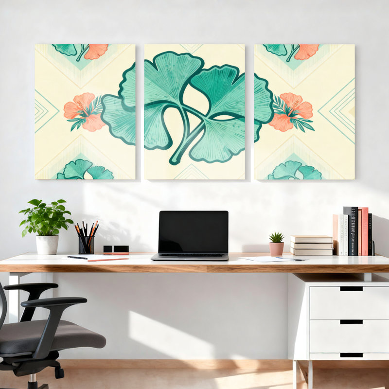Feuille de ginkgo et art floral sur toile, ensemble botanique rétro (ensemble de 3), H 36 po x l 72 po