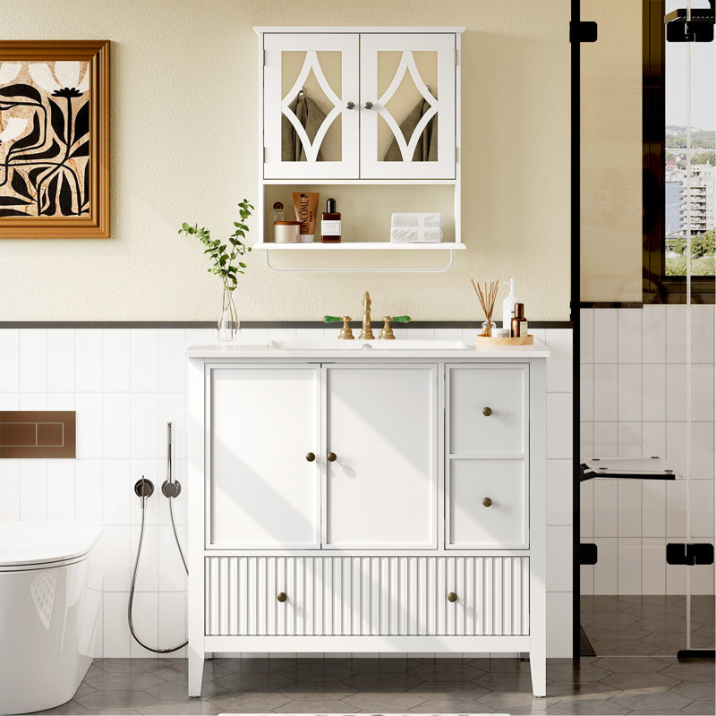 Ensemble de meuble-lavabo 36 po avec lavabo, armoire de rangement pour salle de bain avec portes et tiroirs, meuble-lavabo moderne avec surface peinte, blanc