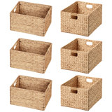 Rectangular Natural Water Hyacinth Hand Woven Rattan Wicker Storage Basket Set with Iron Wire Frame