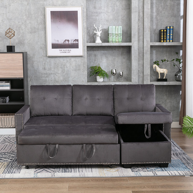 77 Inch Reversible Sectional Storage Sleeper Sofa Bed,L-Shape 2 Seat Sectional Chaise With Storage,Skin-Feeling Velvet Fabric, For Living Room Furniture