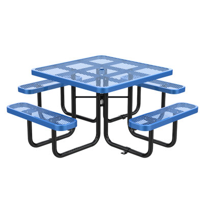 Table de pique-nique carrée bleue de 46 po avec trou pour parasol de 46 po, sièges en filet d'acier de 2,5 mm pour l'amusement extérieur, pieds robustes en tube de 482,0 mm, trempage à chaud et thermolaqué des situations, livré avec fixation