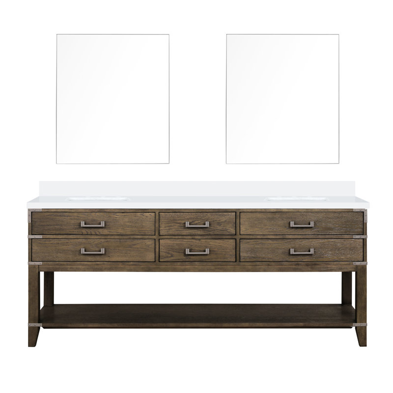 Meuble-lavabo double en chêne gris 80 po Largeur, profondeur 22 po, plateau en quartz blanc, 36 miroirs, tiroirs à fermeture en douceur, option de rangement à quatre tiroirs avec garniture et tablette